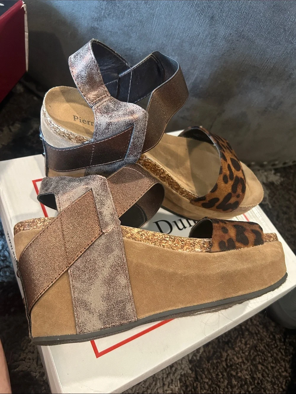 Pierre Dumas Leopard and Bronze Metallic Wedge Sandals